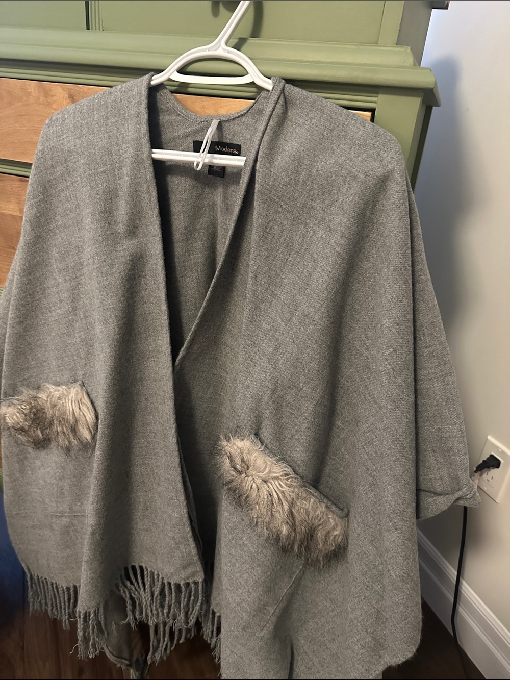 Madison Gray Open-Front Cape with Faux Fur Pocket Trim